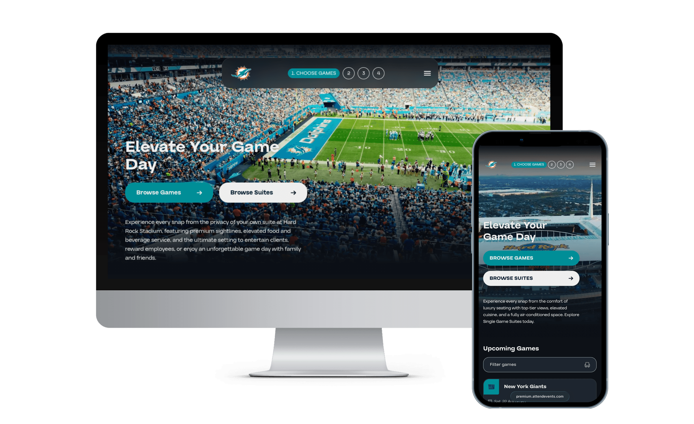 Premium suites purchase flow shown on desktop and mobile